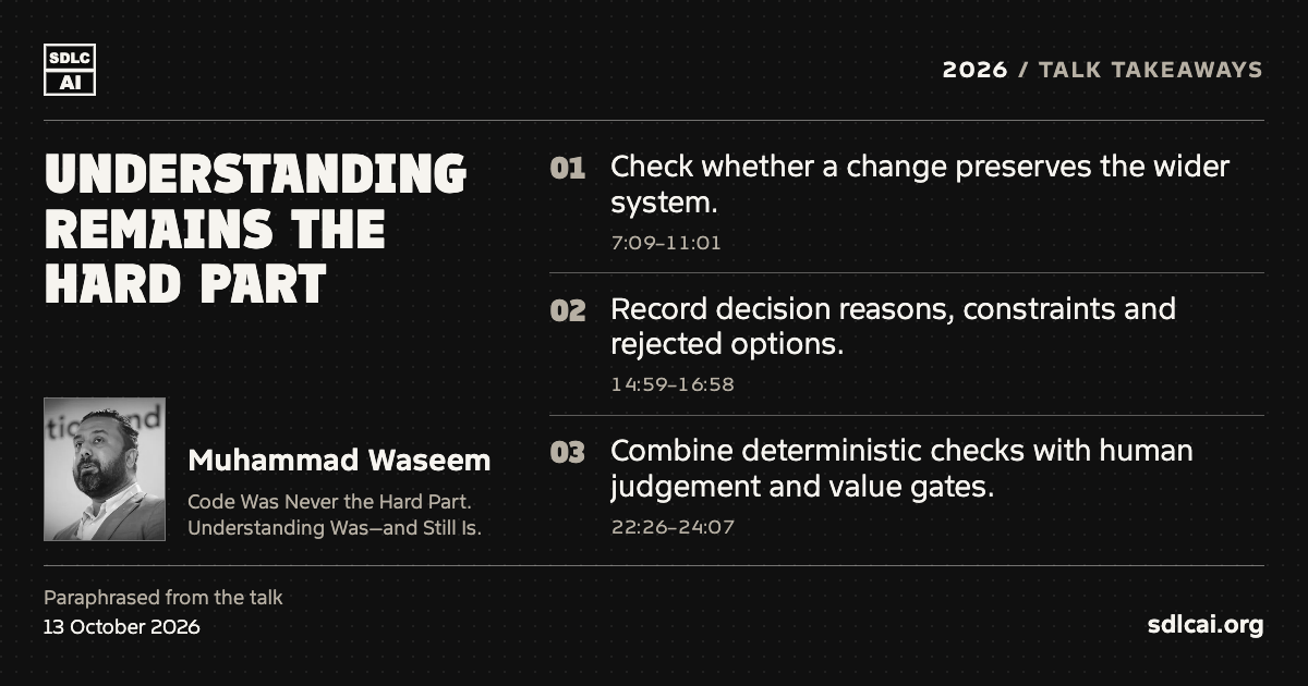 Understanding remains the hard part. Muhammad Waseem at SDLCAI 2026. Three paraphrased talk takeaways: 1. Check whether a change preserves the wider system. 2. Record decision reasons, constraints and rejected options. 3. Combine deterministic checks with human judgement and value gates. sdlcai.org