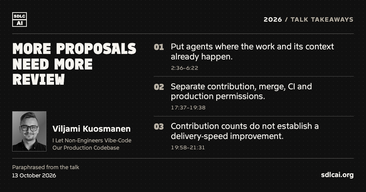 More proposals need more review. Viljami Kuosmanen at SDLCAI 2026. Three paraphrased talk takeaways: 1. Put agents where the work and its context already happen. 2. Separate contribution, merge, CI and production permissions. 3. Contribution counts do not establish a delivery-speed improvement. sdlcai.org